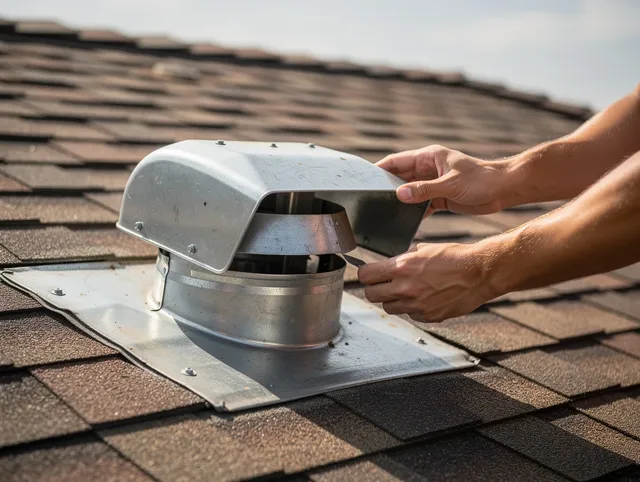 North Ridgeville Dryer Vent Cleaning certified technician safely cleaning a roof-mounted dryer vent in North Ridgeville