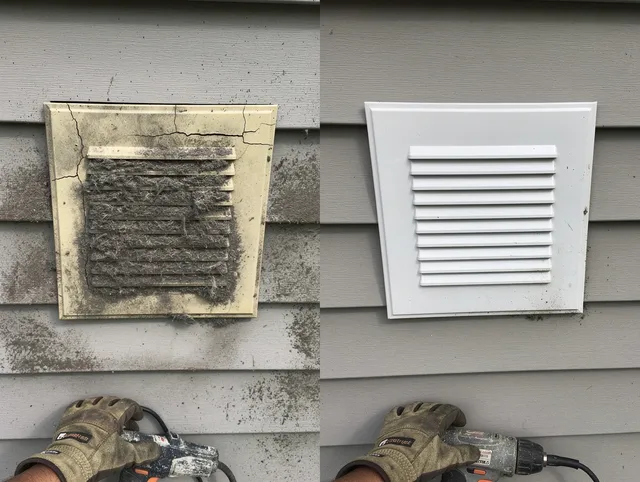 North Ridgeville Dryer Vent Cleaning technician installing high-quality dryer vent cover at a residential property in North Ridgeville