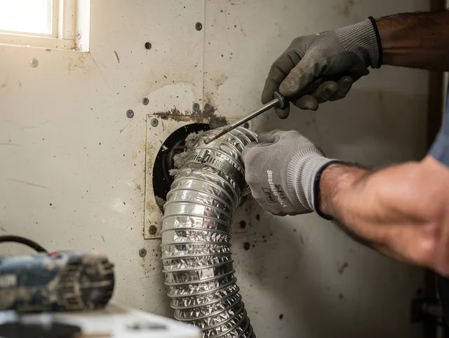 North Ridgeville Dryer Vent Cleaning technician performing precise dryer vent hose installation in North Ridgeville